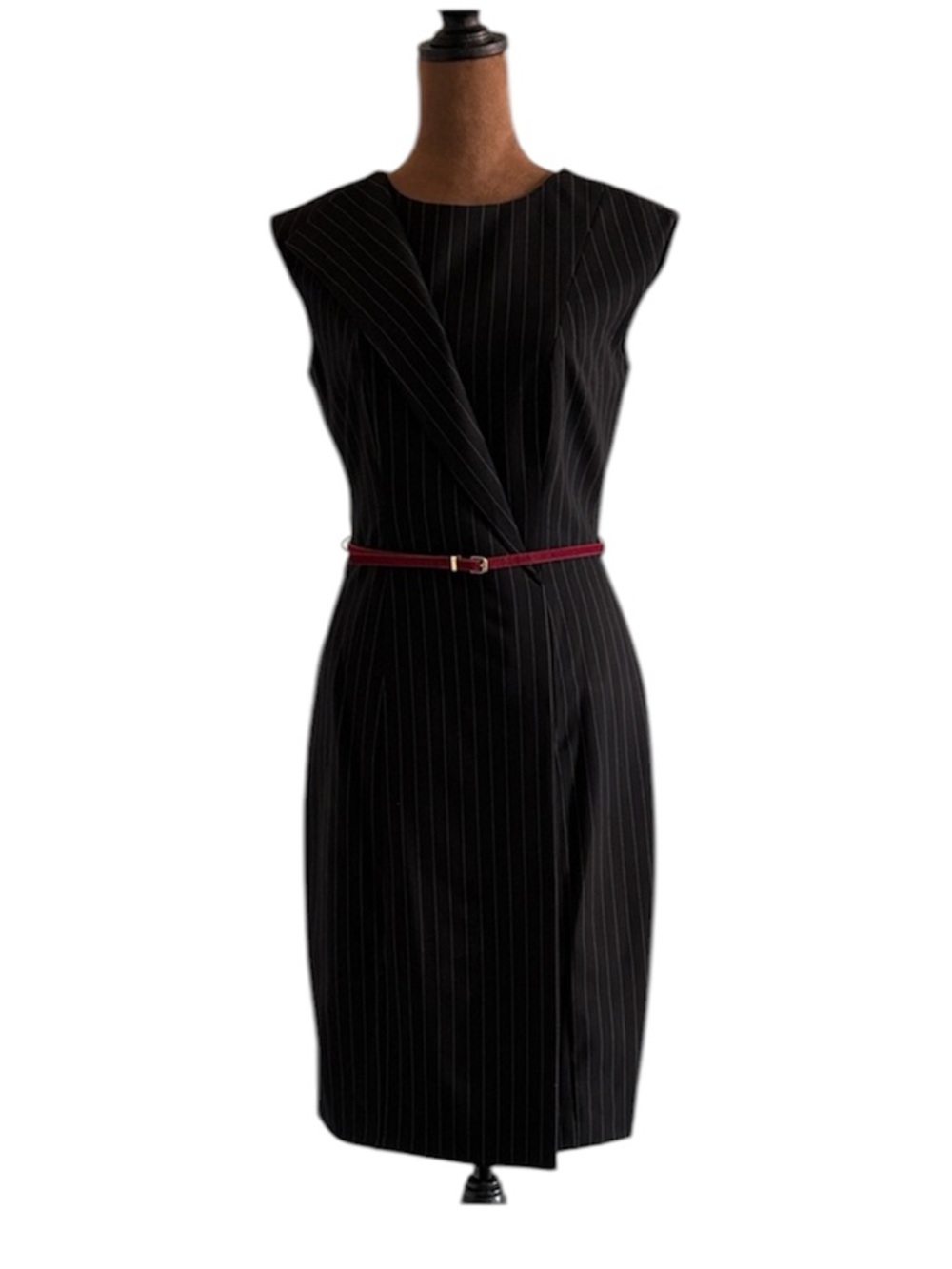 Calvin Klein Black Pinstripe Midi Dress with Red Belt - size 2